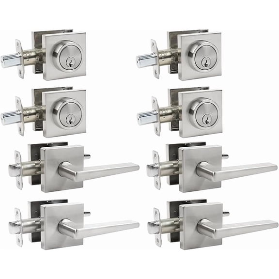 Front Door Lock sSet Front Door Handle and Deadbolt Set,Square Heavy Duty Exterior Door Knob with Deadbolt,Brushed Nickel,4pack