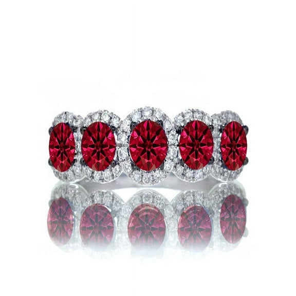 1.5 Carat round cut Classic five stone Ruby and white diamond Wedding band on 10k White Gold