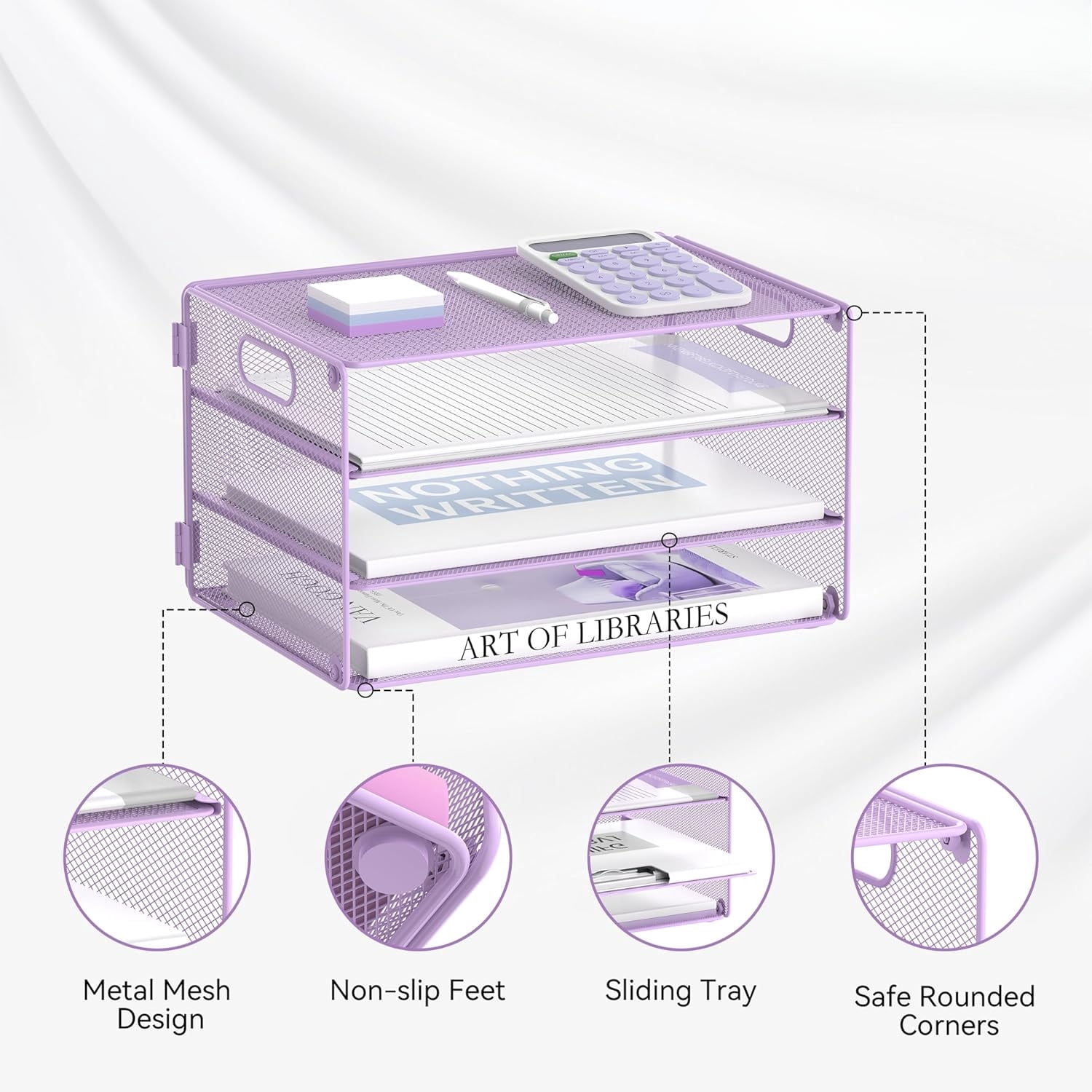 INTIGE 3-Tier File Organizer with Handles, Mesh Desktop Storage Cabinet, Suitable for Home and Office