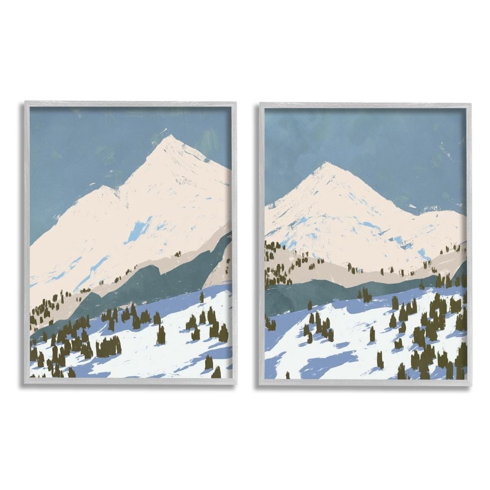 Stupell Industries Snowy Mountain Forest Landscape Calming Blue Peaks Framed Wall Art Design by Jacob Green, 2 Piece, 11" x 14", Gray Framed