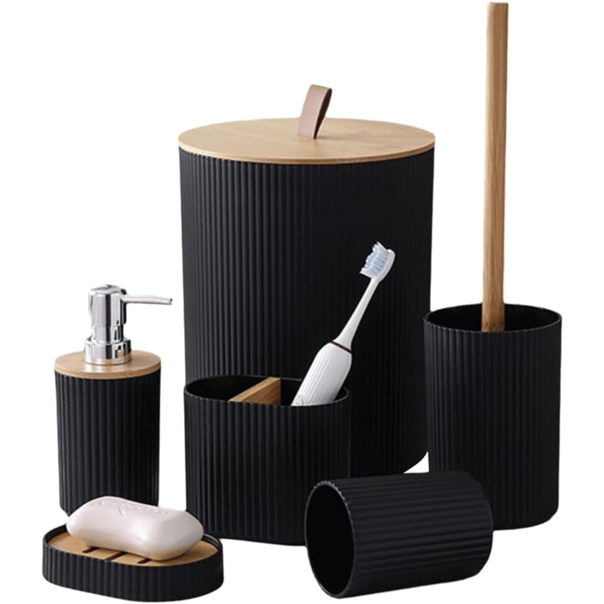 6PC Bathroom Accessories Set with Solid bamboo wood lid Modern Bathroom Essentials Set for Hotel and Home(lxf)