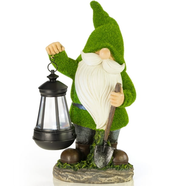 VP Home Earnest Flocked Garden Gnome with Lantern Solar Powered LED