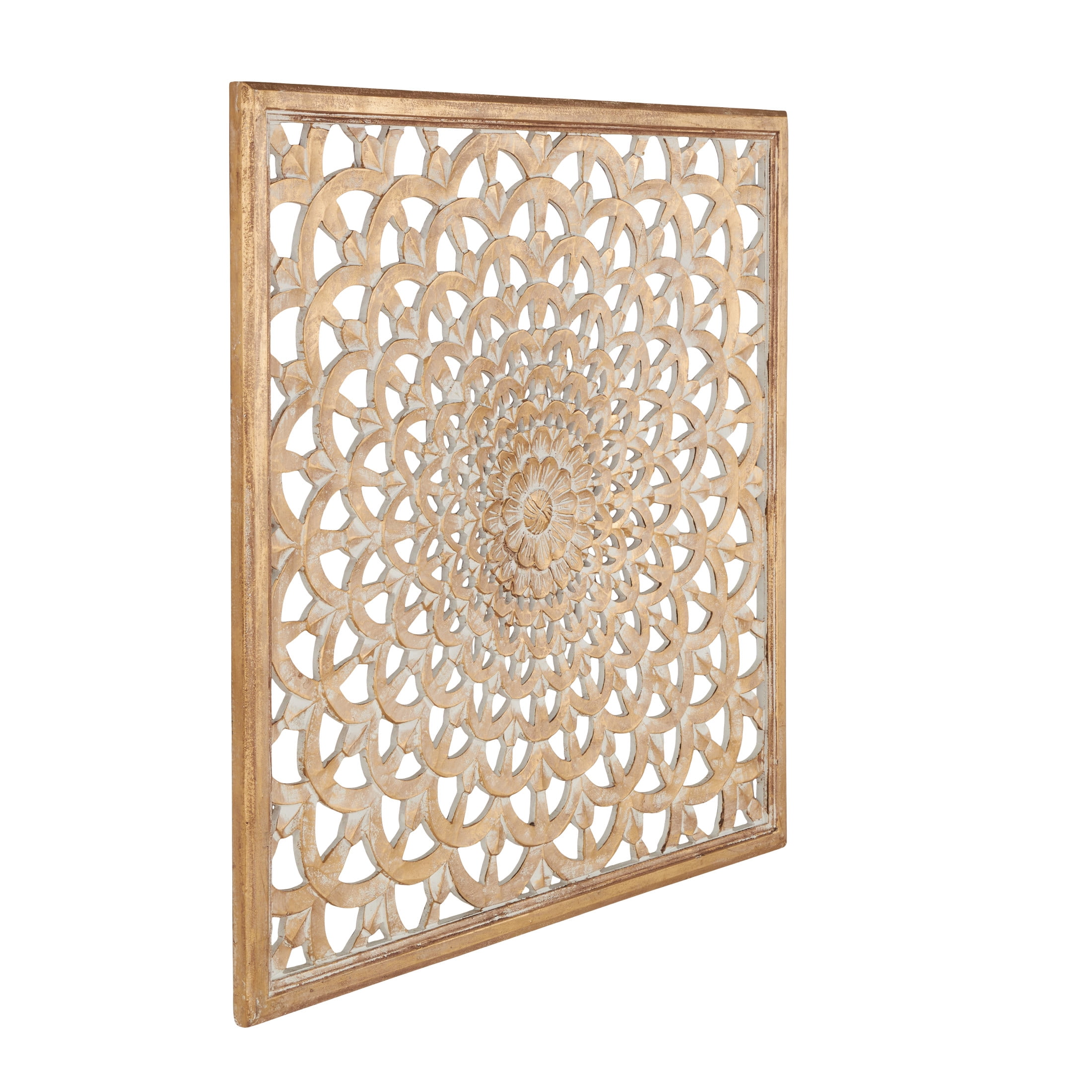 DecMode Traditional Carved Wood Floral Patterned Wall Décor with Brown/White Distressed Finish, 36"W x 36"H