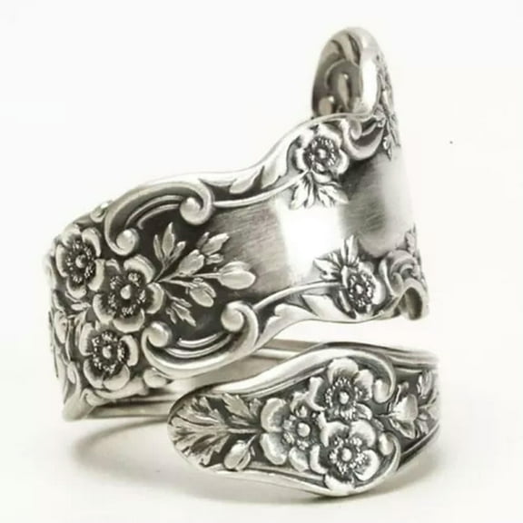 K-KED Personalized Floral Blossom Spoon Ring Silver Wrapped Adjustable Ring Men Women-1#