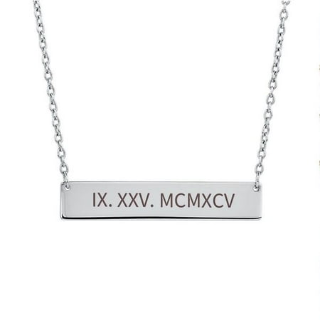 Personalized Silver Women's Roman Numerals Pendant Stainless Steel Bar Custom Made Engravable Necklace Birthday Annivarsary Jewelry Free Gift Box Ships Next Day