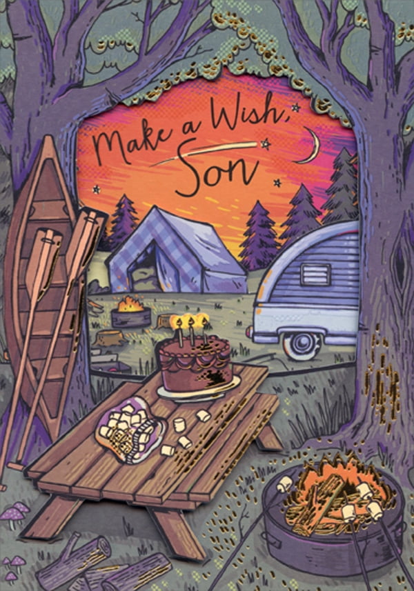 Designer Greetings Camper, Tent, Table, Fire and Canoe Die Cut Window Tri Fold Birthday Card for Son