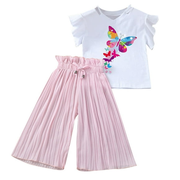 Conjunto de verano para niña REDARER con diseño de mariposas: camiseta estampada y pantalón de gasa fruncido, corte holgado con volantes, talla 8-9 años