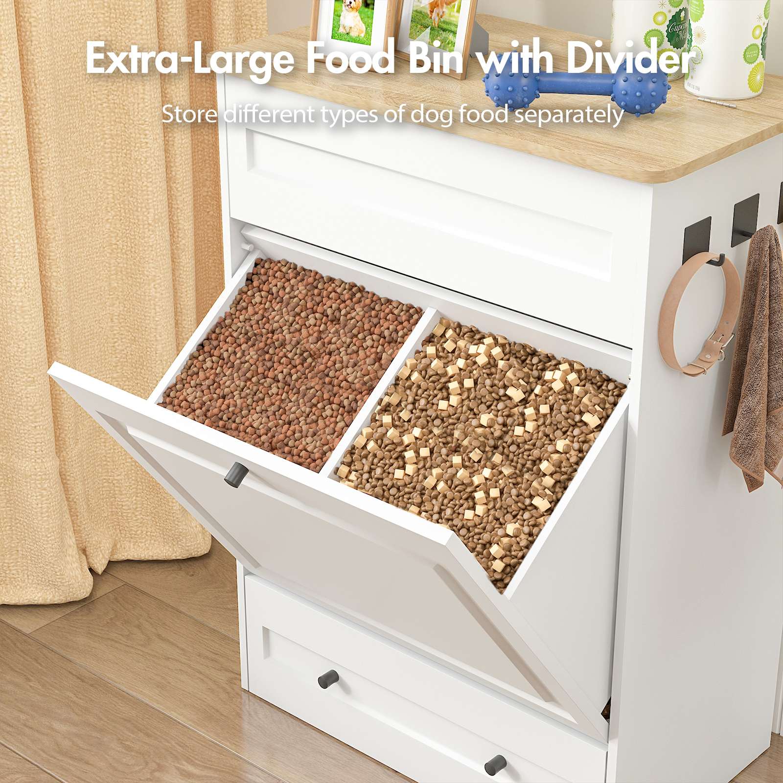 Advwin Dog Feeding Station with Storage Cabinet, Hidden Elevated Bowls for Medium & Large Dogs, Dog Food Cabinet Organizer with Slow Feeder, Stainless Steel Dog Bowls & Hooks for Pet Supplies, White