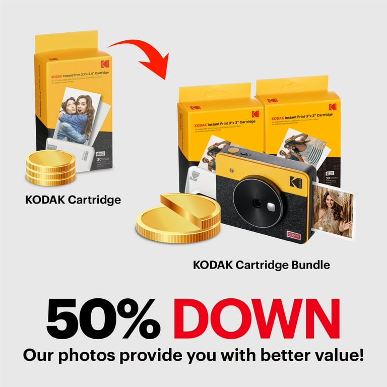 KODAK Mini Shot 3 Retro 4PASS 2-in-1 Instant Camera and Photo Printer (3x3  inches) + 68 Sheets Gift Bundle, Yellow 