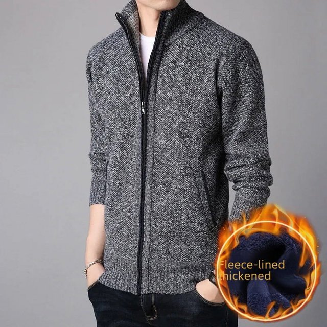 Suéter tipo cárdigan de otoño e invierno grueso con forro polar para hombre, suéter de cuello alto, suéter de talla grande