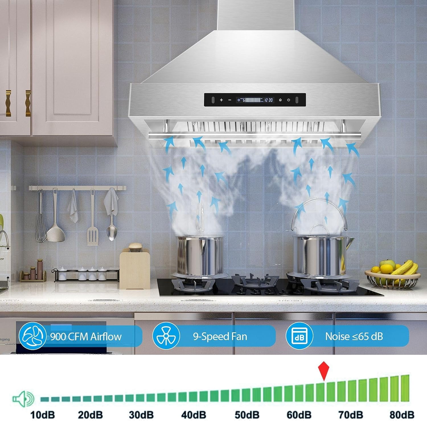 JOEAONZ Wall Mounted Range Hood 30" Kitchen Vent 900 CFM Duct Convertible Touch Control 9 Speed 120V