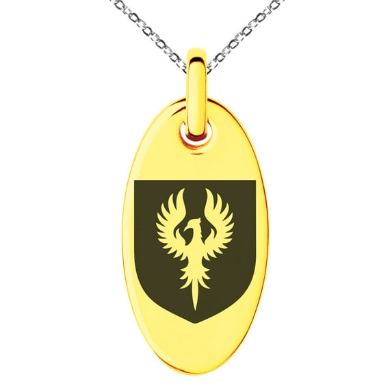 Stainless Steel Phoenix Resurrection Coat of Arms Shield Engraved Small Oval Charm Pendant Necklace