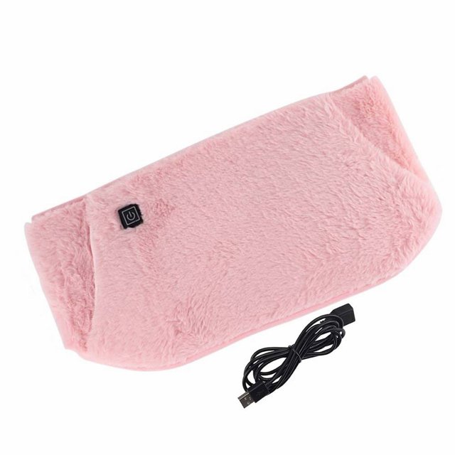 Usb Heating Pad for Menstrual Cramps & Lower Back Pain, featuring a soft pink plush fabric and a USB power interface. This portable waist belt warmer offers three adjustable heating levels for targeted abdominal and waist relief. The image shows the heating pad with a visible power button and a black USB cable, designed for use with power banks, laptops, or car adapters. Ideal for home, office, or travel use, it provides drug-free comfort for women.