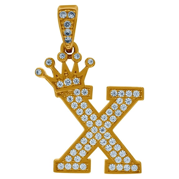 10k Yellow Gold Mens Women Cubic Zirconia CZ Crowned Letter Name Personalized Monogram Initial X Charm Pendant 30.5x19.6