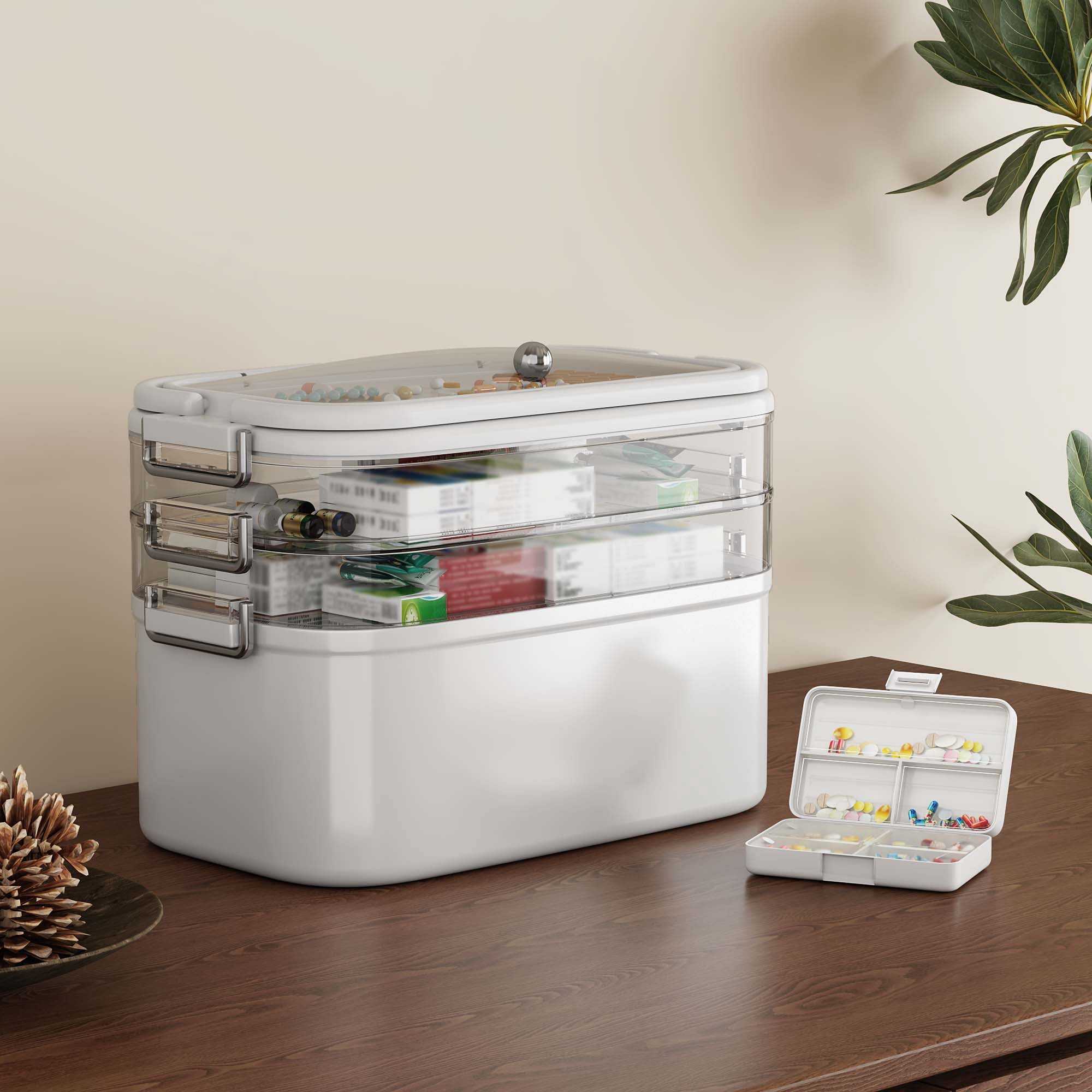 NiHome Home & Travel 4-Tier Medicine Storage Box with Portable Pill Case, Durable Adjustable Compartments, Moisture-Resistant Lid, Secure Handles for Pill Organization, Vitamins, Supplements (White)