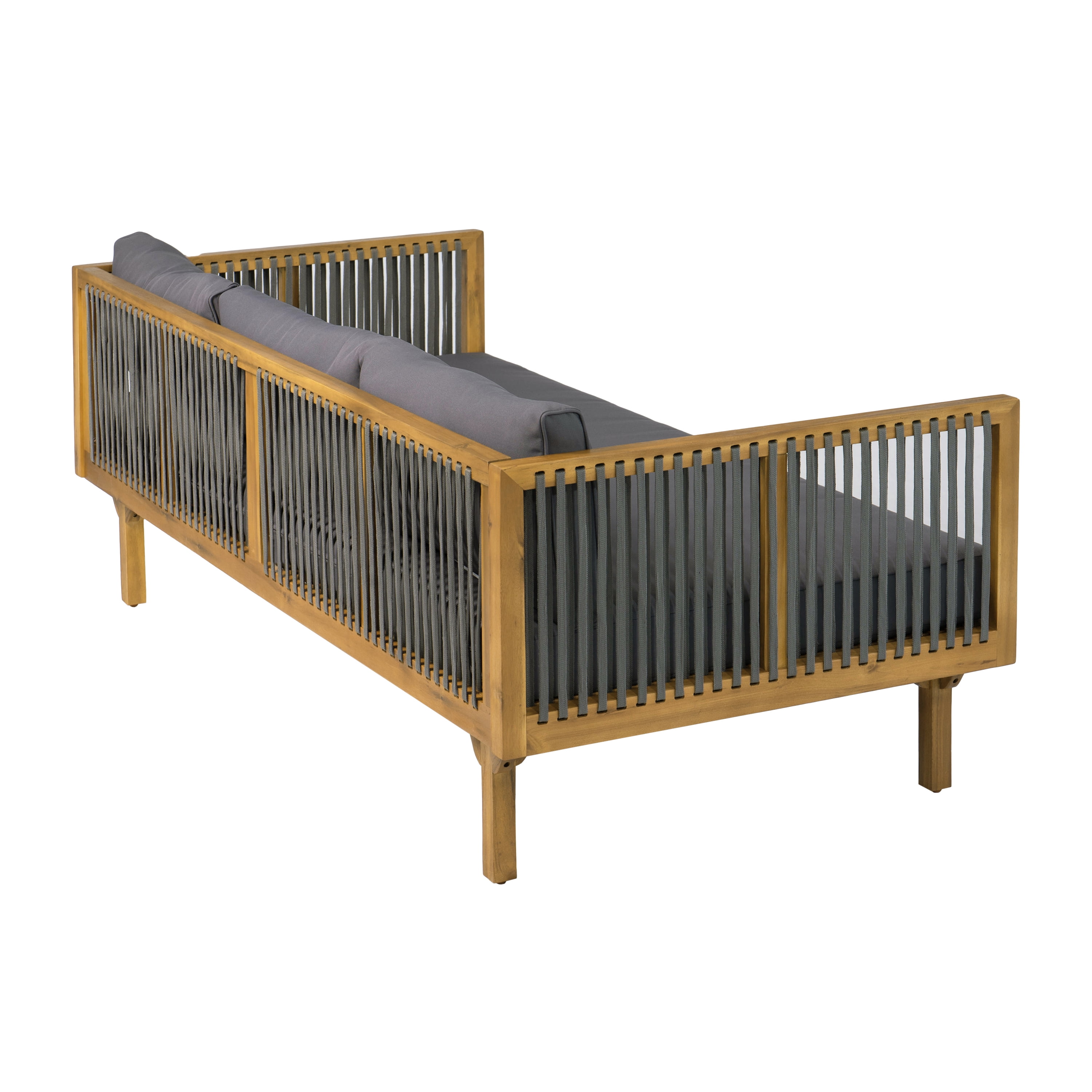 Patio Sofa, Outdoor Dark Grey Cushion Sofa with Grey Rope Acacia Wood for Garden Deck, Teak