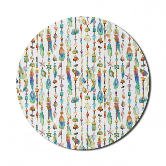 Feather Mouse Pad for Computers, Watercolor Style with Sea Shells Nautical Boho Style Chains Pendant Pattern, Round Non-Slip Thick Rubber Modern Gaming Mousepad, 8" Round, Multicolor, by Ambesonne