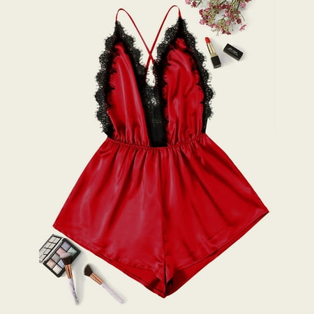Fengqque Ladies Sexy Lingerie Lace Deep V Halter Irregular Babydoll Lingerie Dress