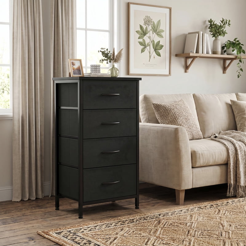 BEAUTYPEAK 4-Drawer Fabric Dresser Nightstand Bedside Table with Wood Top Adjustable Feet, Black