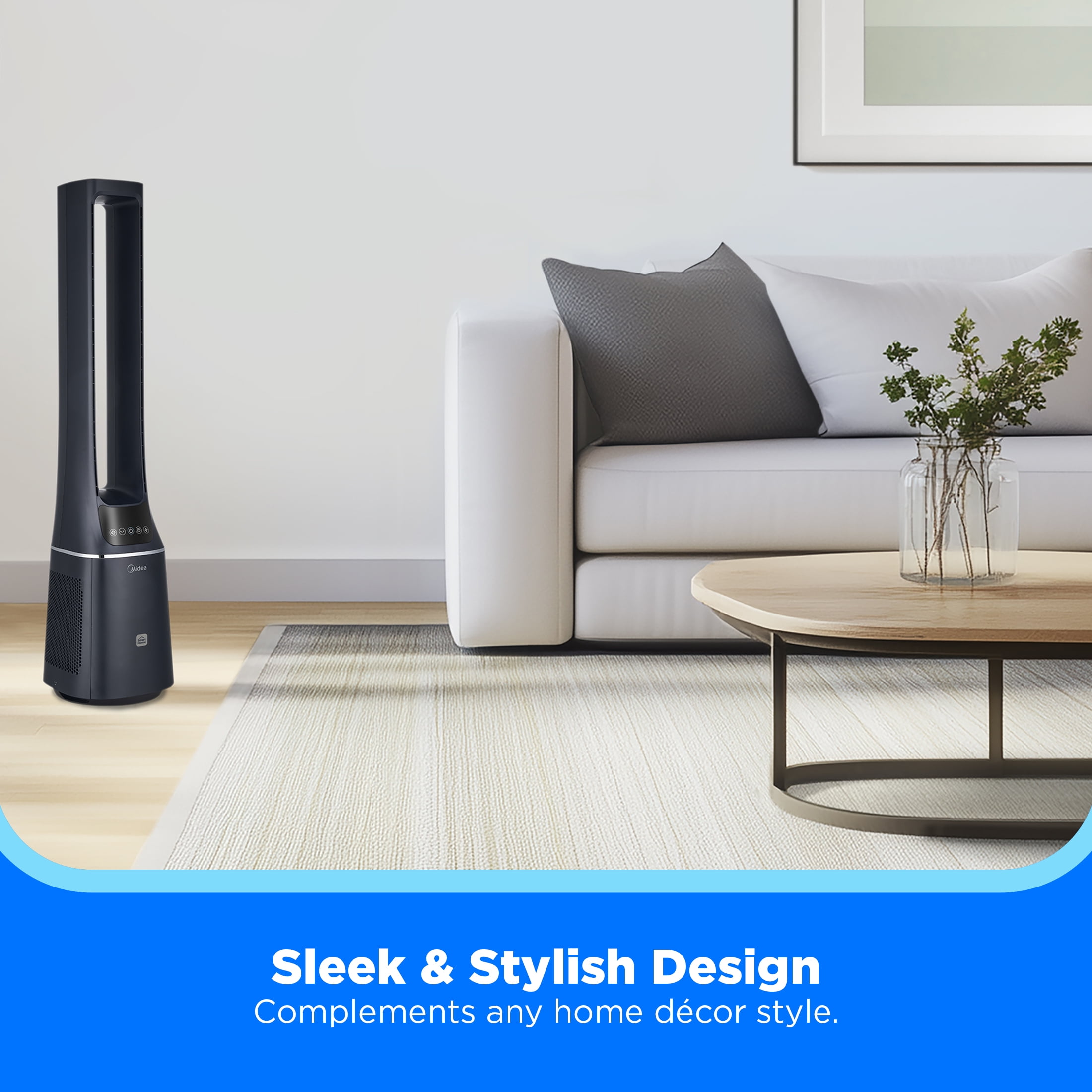 Midea 41-Inch Bladeless Tower Fan & HEPA Purifier, Smart WIFI Enabled, Remote, Blue, AMS150-PBW