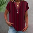 thumbnail image 2 of Staron Women Casual Short Sleeve V-Neck Button Down Blouse Striped Print Loose Comfy Vacation Home T-Shirt Top, Red L, 2 of 5
