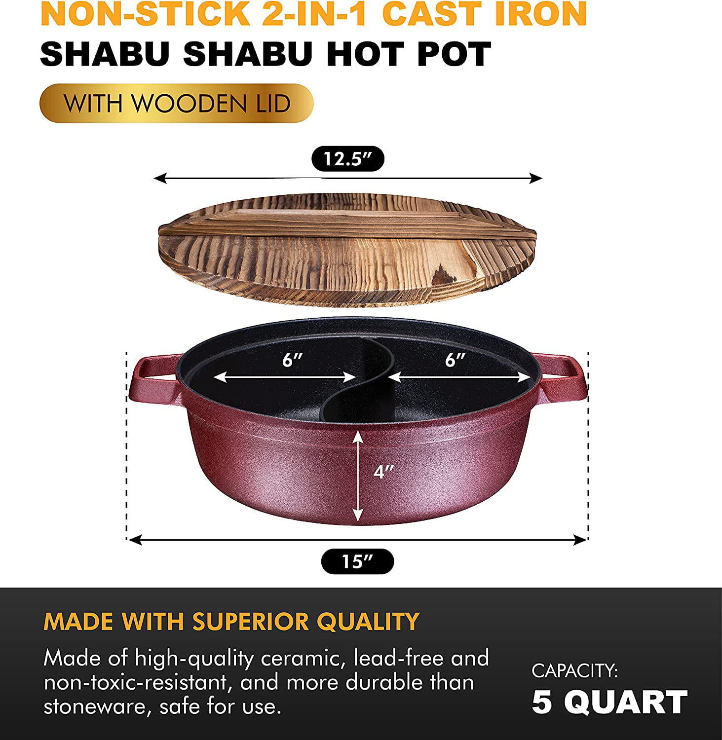6 QT Brentwood Electric Non-Stick Shabu Shabu Pot with Wooden Spatula – R &  B Import