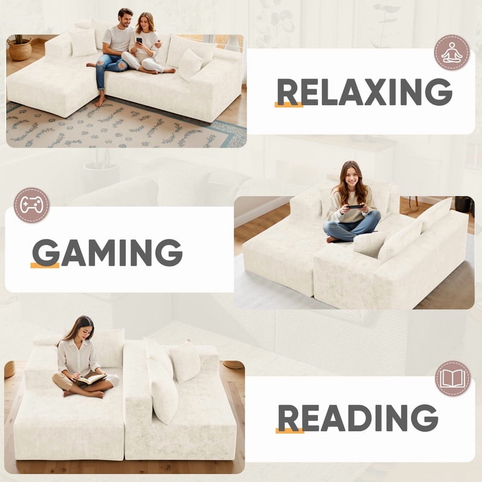 Furmax 108"  L-Shape Boneless Chaise Sectional Sofa Cloud Couch Sectional Corduroy Couch Set with Deep Seat for Living Room,Chenille White