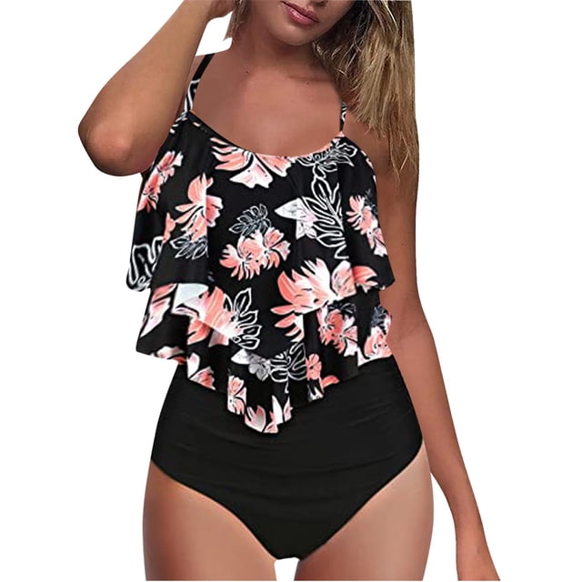 TIMIFIS Womens Tankini Swimsuits Ruffled Tank Top Tummy Control Floral Modest Swimwear High Waisted Bikini Two Piece Bathing Suits