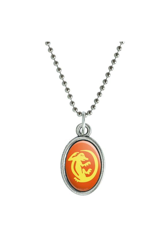 Hidden Temple Orange Iguanas Antiqued Oval Charm Pendant with Chain