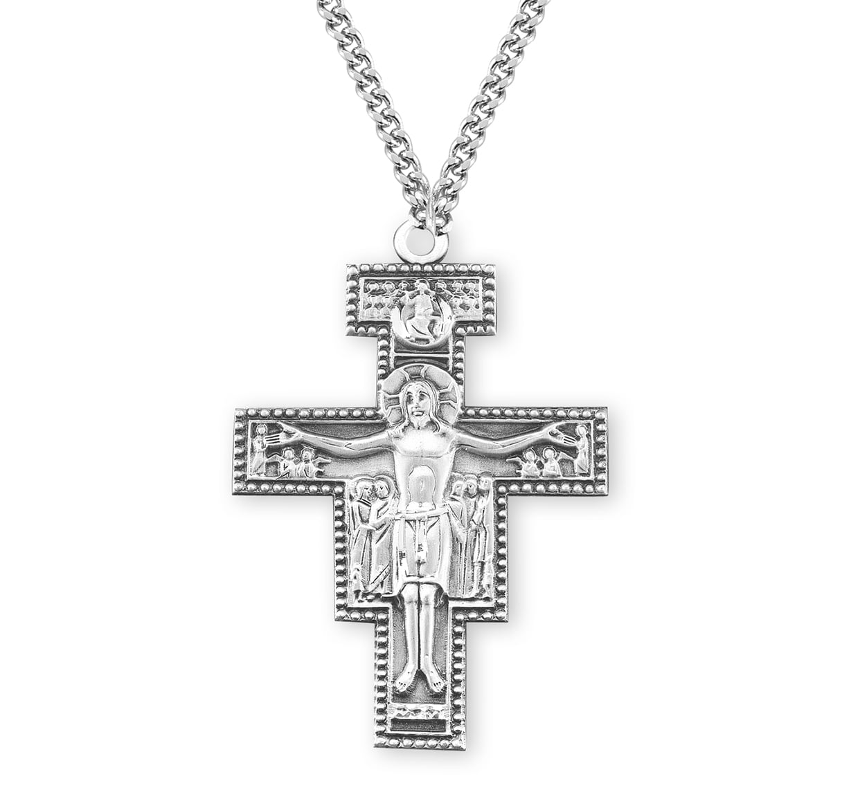 Bonyak Jewelry 18 Inch Hamilton Gold Plated Necklace w/ 4mm White April Birth Month Stone Beads and San Damiano Crucifix Charm Bonyak Jewelry 18 Inch Hamilton Gold Plated Necklace w/ 4mm White April Birth Month Stone Beads and San Damiano Crucifix Charm