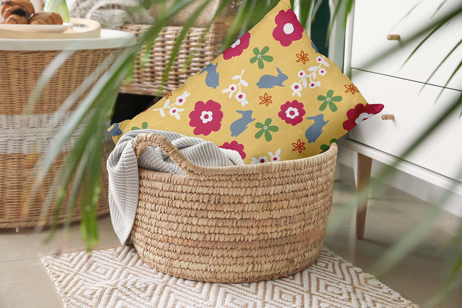 14" x 20" Simply Daisy Flowery Love Bunnies Easter Indoor/Outdoor Pillow, Daffodil Yellow-Blue Qty 1