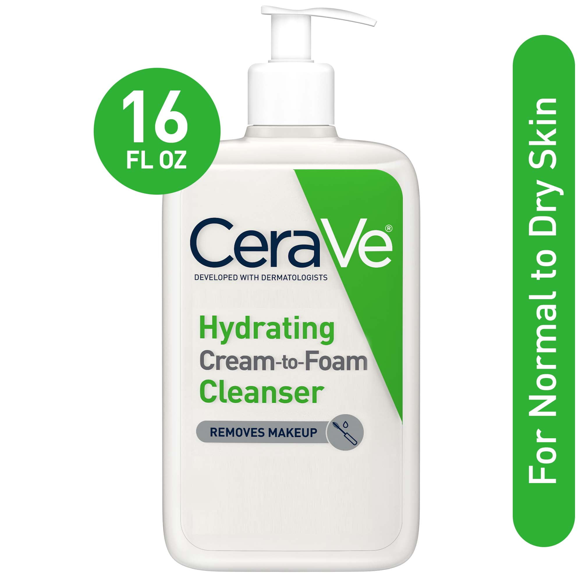CeraVe Hydrating Cream-to-Foam Cleanser, Fragrance Free Makeup Remover with Hyaluronic Acid for Dry Skin, 16 fl oz