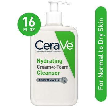 CeraVe Hydrating Cream-to-Foam , Fragrance Free Makeup Remover with Hyaluronic  for Dry Skin, 16 fl oz