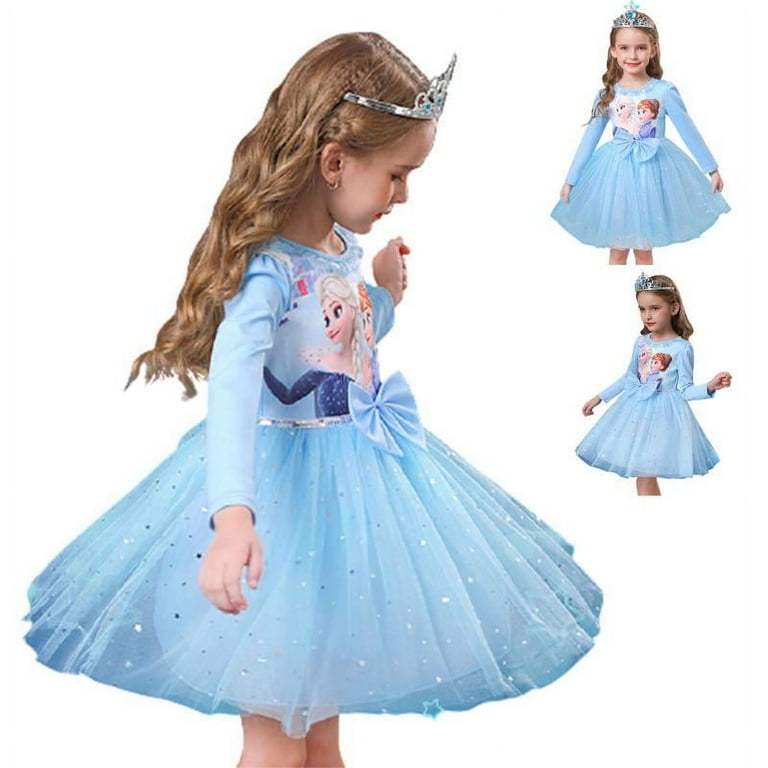 Greggl Girl's Elsa Long Sleeve Dress, Knee Length Casual Clothing for Kids with Accessories