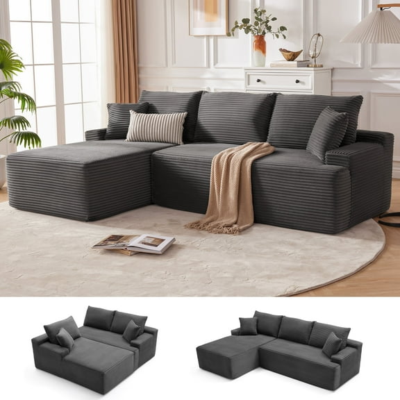 Mangodan Cloud L-Shaped Modular and Deep Seat Sectional Boneless Sofa, Dark Grey