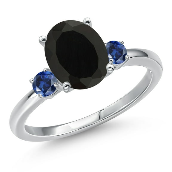 Gem Stone King 14K White Gold Black Onyx and Blue Created Sapphire Engagement Ring for Women | 2.78 Cttw | Oval 10X8MM | Gemstone December Birthstone | Size 6
