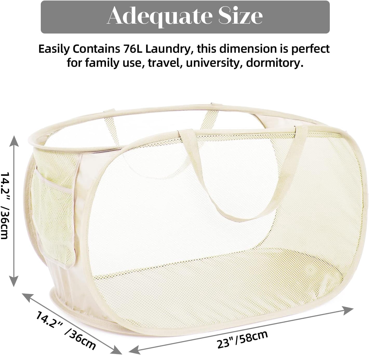 Kiibsot Strong Mesh Pop Up Laundry Basket, Collapsible Laundry Hamper with Side Pocket, Foldable Clothes Hamper with Durable Reinforced Handles for Laundry, Bathroom, Kids Room, Dorm or Travel