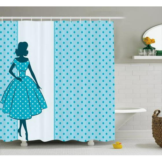 Vintage Woman Shower Curtain Silhouette 1950s Style In Polka Vintage Woman Shower Curtain Silhouette 1950s Style In Polka Dot Dress With Retro Backdrop Fabric Bathroom Set Hooks 69w X 70l Inches