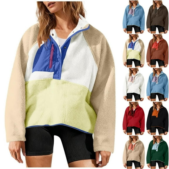 UTSJKR Women’s Lightweight Fleece Pullover Jacket Cropped Fall Winter Fuzzy Sherpa Jacket Sweatshirt Coat with Pockets Red XL