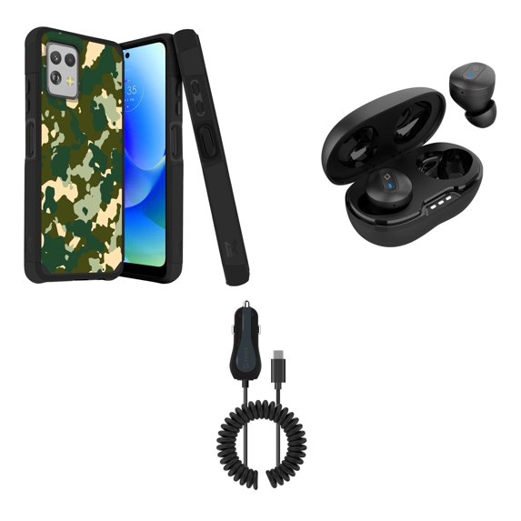 BD Combo Bundle Case for Moto G Power 5G 2023 Case - (Green Camo) Dual Shockproof Protector Armor Case with Wireless Earbuds with Charging Case, 15W Type-C Car Charger with Extra USB Port (6 Foot)