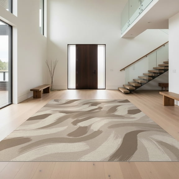 Design&I 8'x10' Washable Area Rug Sleek Flatweave Pet Friendly Abstract Flowing Ash Geometric Shapes Taupe Cream Inspired Berber for King Size Bedroom, Under Bed