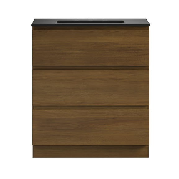 Liberte 30" Freestanding Bathroom Vanity in Brown Oak with Black 3-Hole Widespread Sink Top