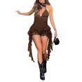 thumbnail image 1 of Body de Tirantes Finos para Mujer, Cuello en V con Cordones, Top Halter, Pantalones Cortos con Volantes, Mono para Fiesta en Club. Marrón M, 1 of 6