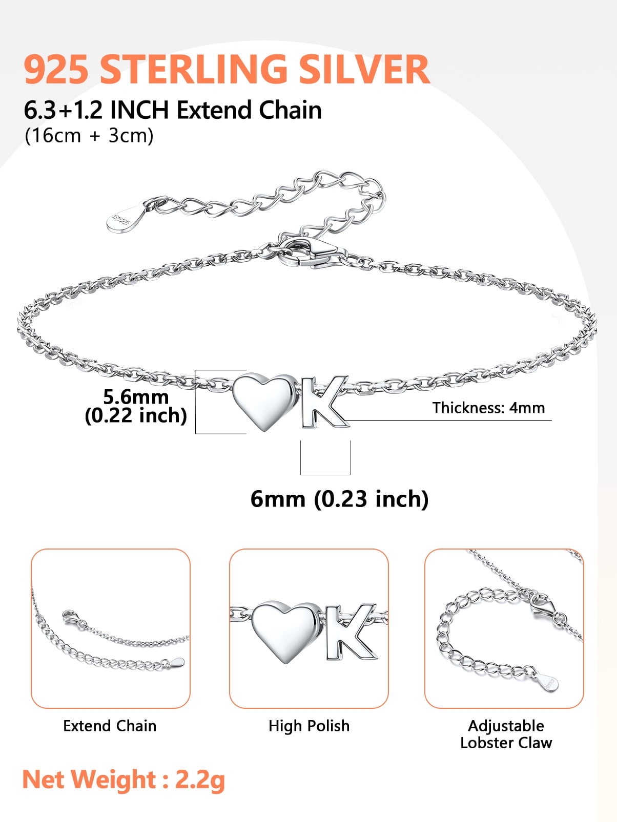 Silvora Women's Sterling Silver Bracelets Heart & Alphabet Letter K Initial Bracelet Charm Jewelry Gifts for Her