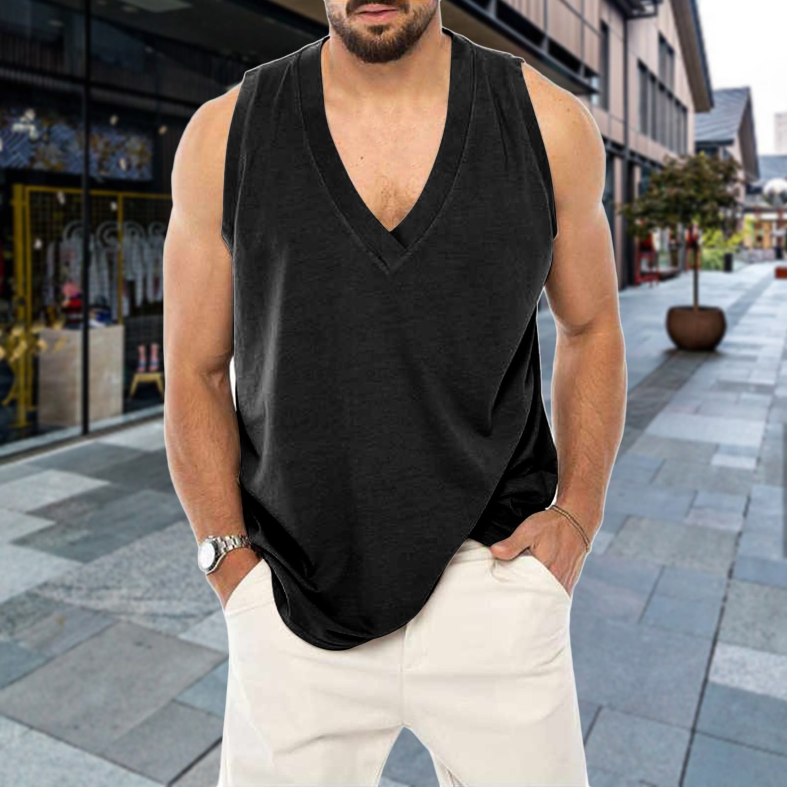Men s Black Tank Top Undershirt Mens Spring Summer Casual Hawaiian Beach Tropical V Neck Solid Color Tank Top