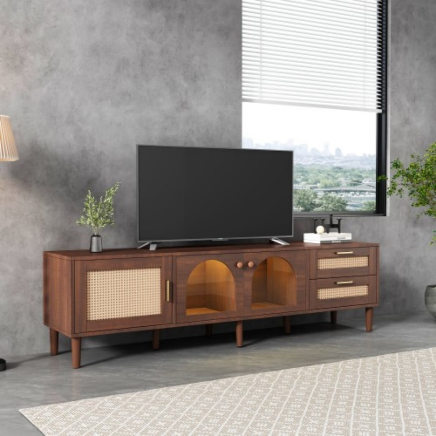 70" TV Stand for 80 Inch TV, LED Entertainment Center with App Controlled Lights, Rattan Media Console, Glass Door Storage, Living Room, Brown