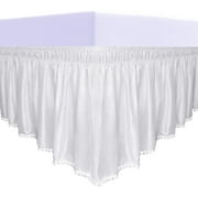 Easy-Going Satin Silk Pom Pom Ruffled Wrap Around Bed Skirt - 16 Inch Drop for Queen／King Size Beds, White