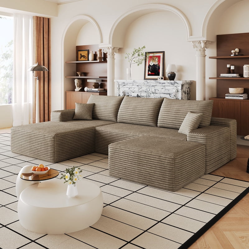 107" Cloud Sectional Sofa with Ottoman, U-Shaped Modular Couch with Deep Seats, Modern Minimalist Upholstered Sofa with Chaise, Plush Corduroy Living Room Sofa, No Assembly Required