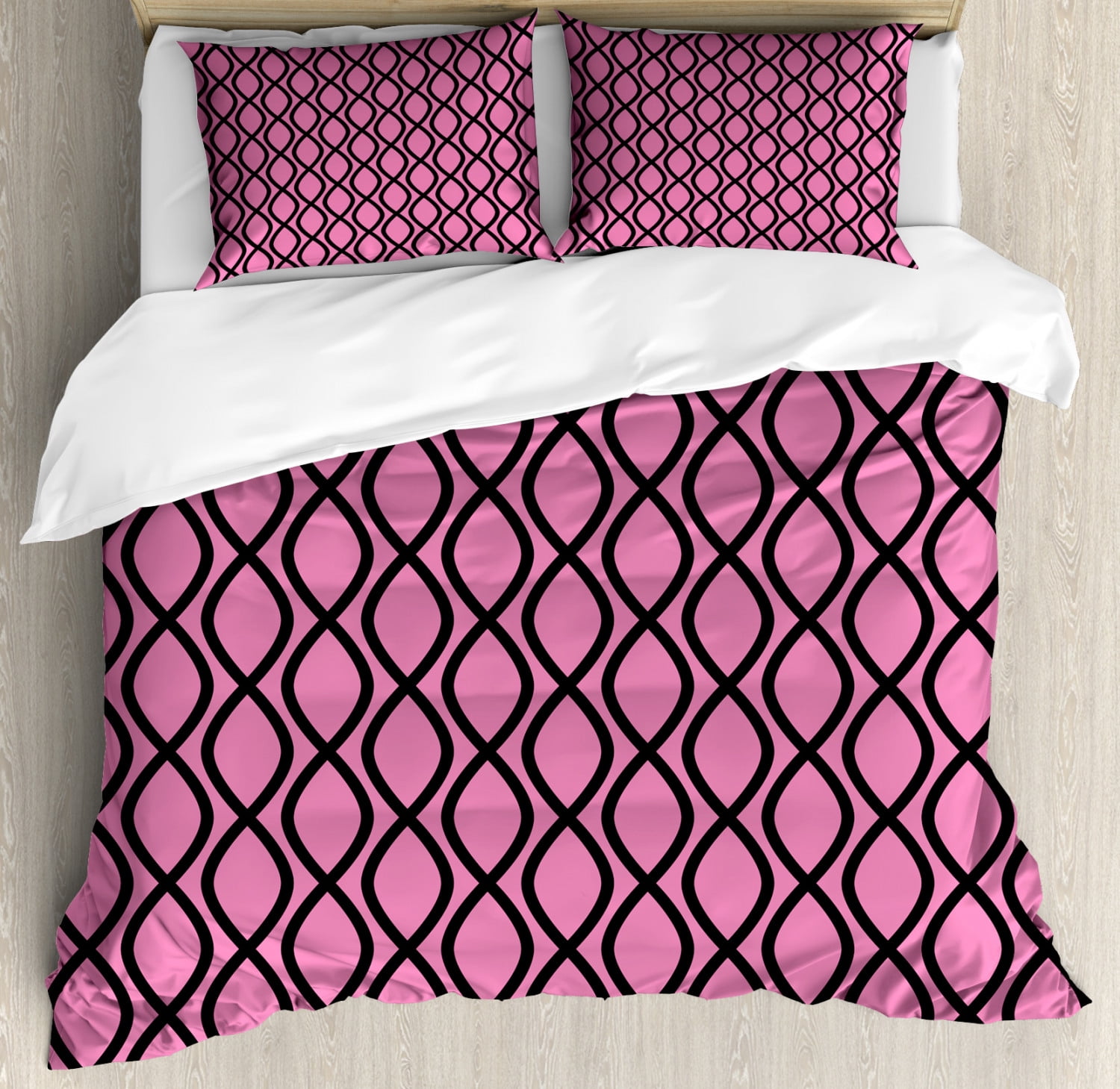 Hot Pink Duvet Cover Set Queen Size, Vertical Wavy Lines Tangled