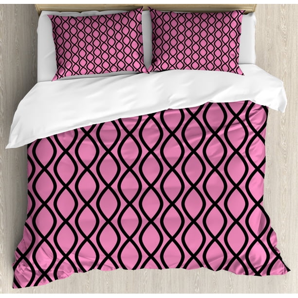 Hot Pink Duvet Cover Set, Vertical Wavy Lines Tangled Stripes Curves